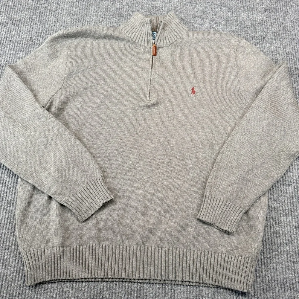 Polo Ralph Lauren Quarter Zip Sweater Mens XL Tan Cotton Knit Red Pony Logo